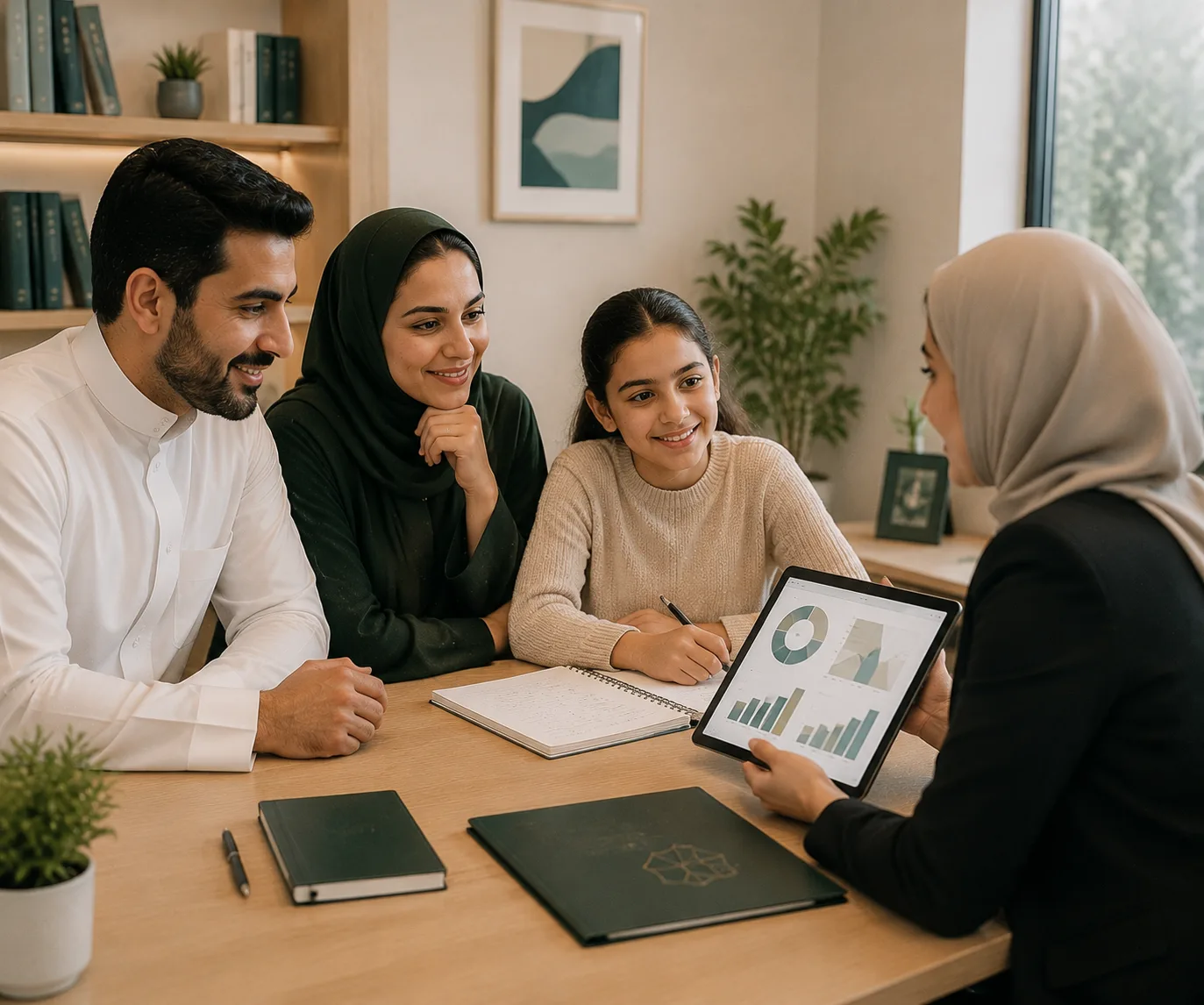 Parents reviewing their child academic progress with a tutor